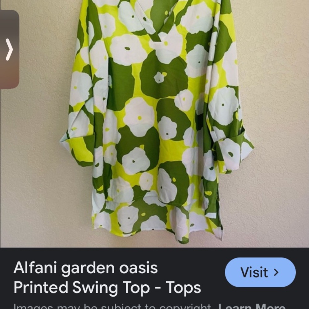 Alfani Women Blouse Floral Cuff Sleeve
Tunic Green & White Floral Blouse 1X NWT - Picture 3 of 7